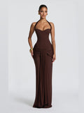 Brown A-Line Maxi Structured Woven Fabric Formal Dress for Festive Dinner