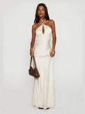 Champagne Halter Neck A-Line Maxi Structured Woven Fabric Formal Dress for Homecoming Dance