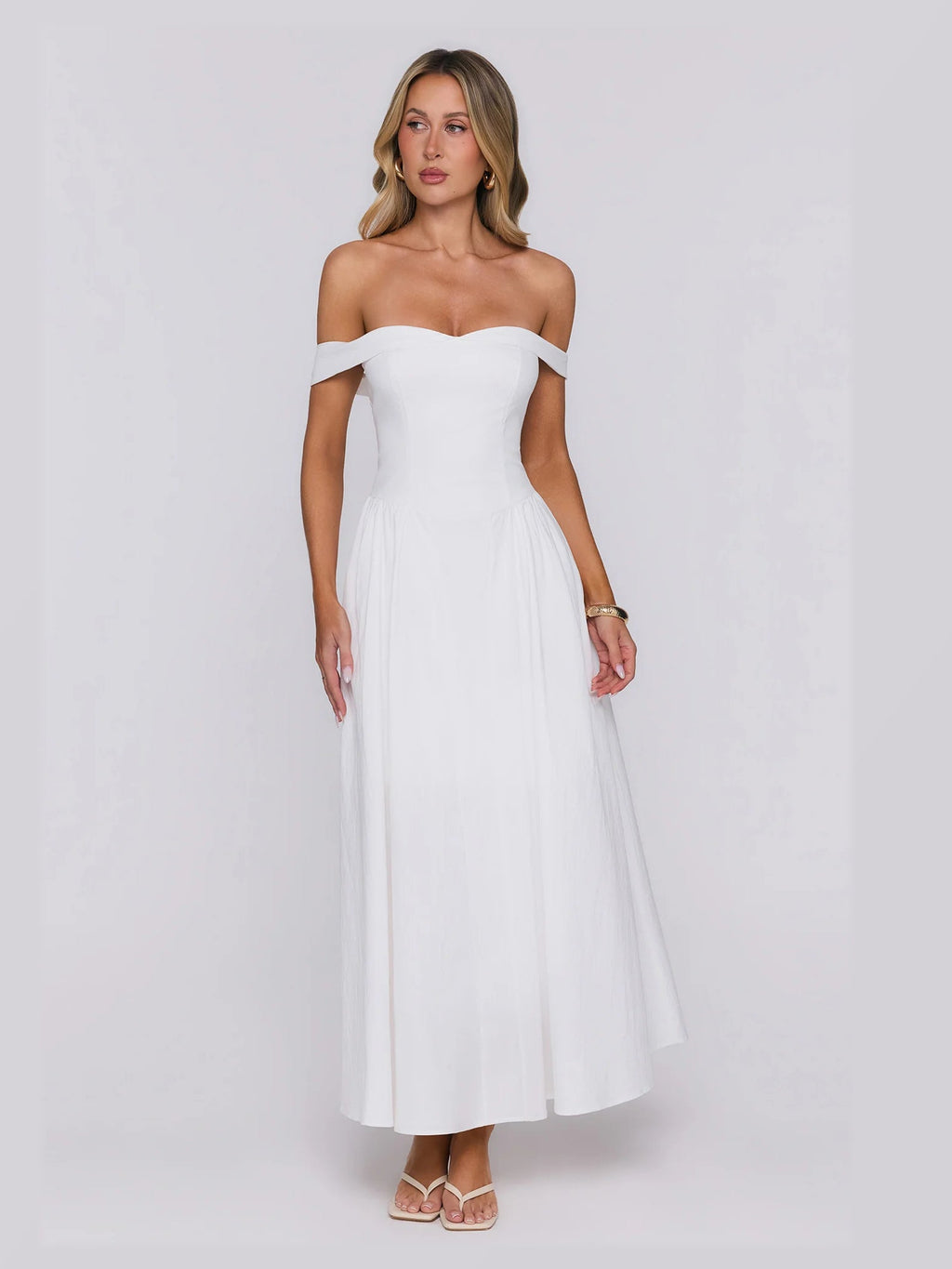 White Off Shoulder A-Line Maxi Structured Woven Fabric Formal Dress for Evening Reception