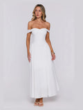 White Off Shoulder A-Line Maxi Structured Woven Fabric Formal Dress for Evening Reception