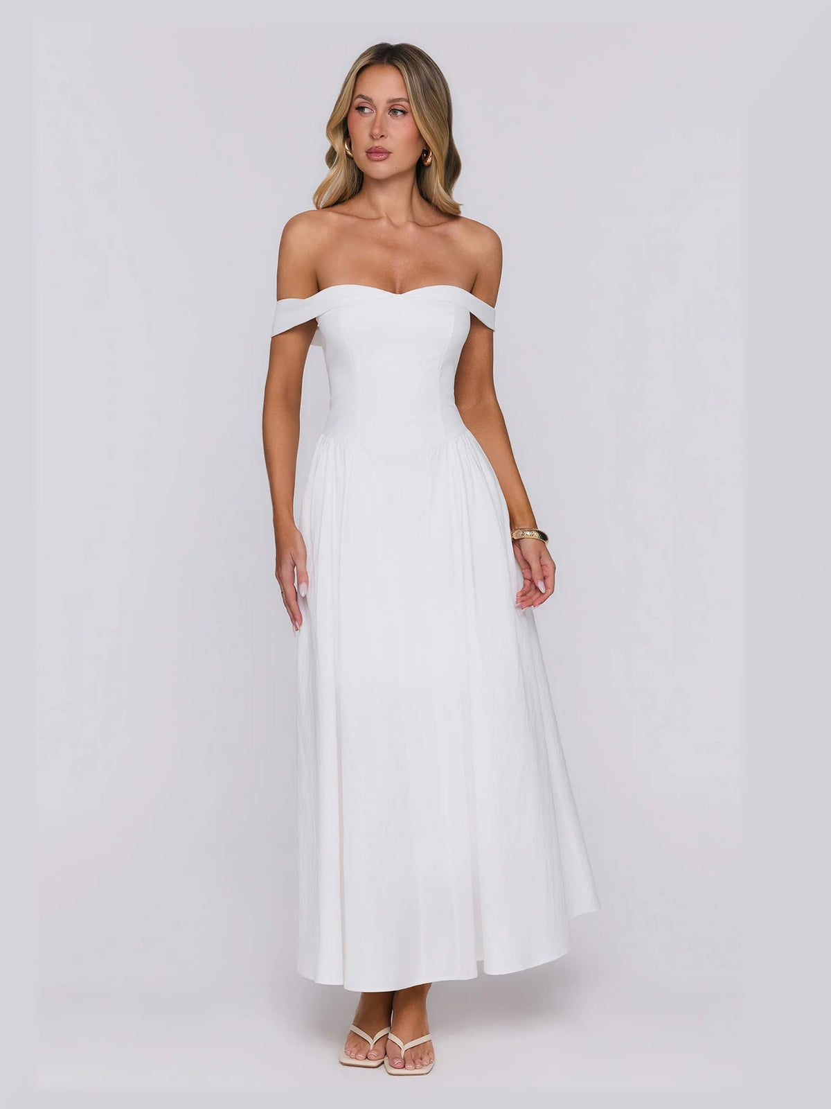 White Off Shoulder A-Line Maxi Structured Woven Fabric Formal Dress for Evening Reception