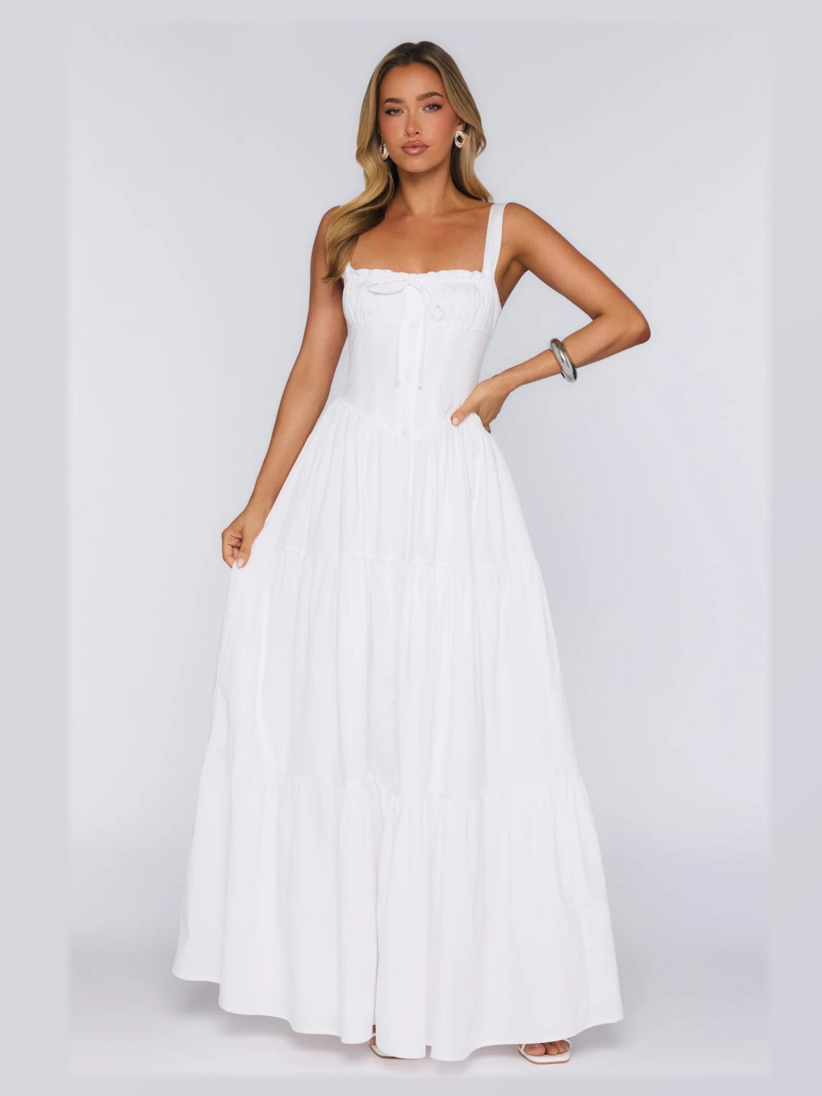 White A-Line Maxi Structured Woven Fabric Formal Dress for Rooftop Reception