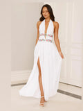 White Halter Neck A-Line Maxi Structured Woven Fabric Formal Dress for Formal Ceremony