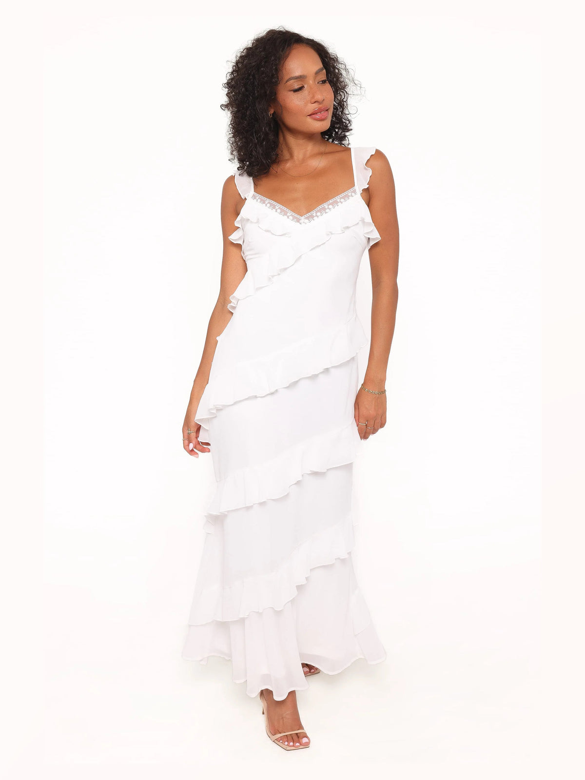 White A-Line Maxi Structured Woven Fabric Formal Dress for Black Tie Wedding