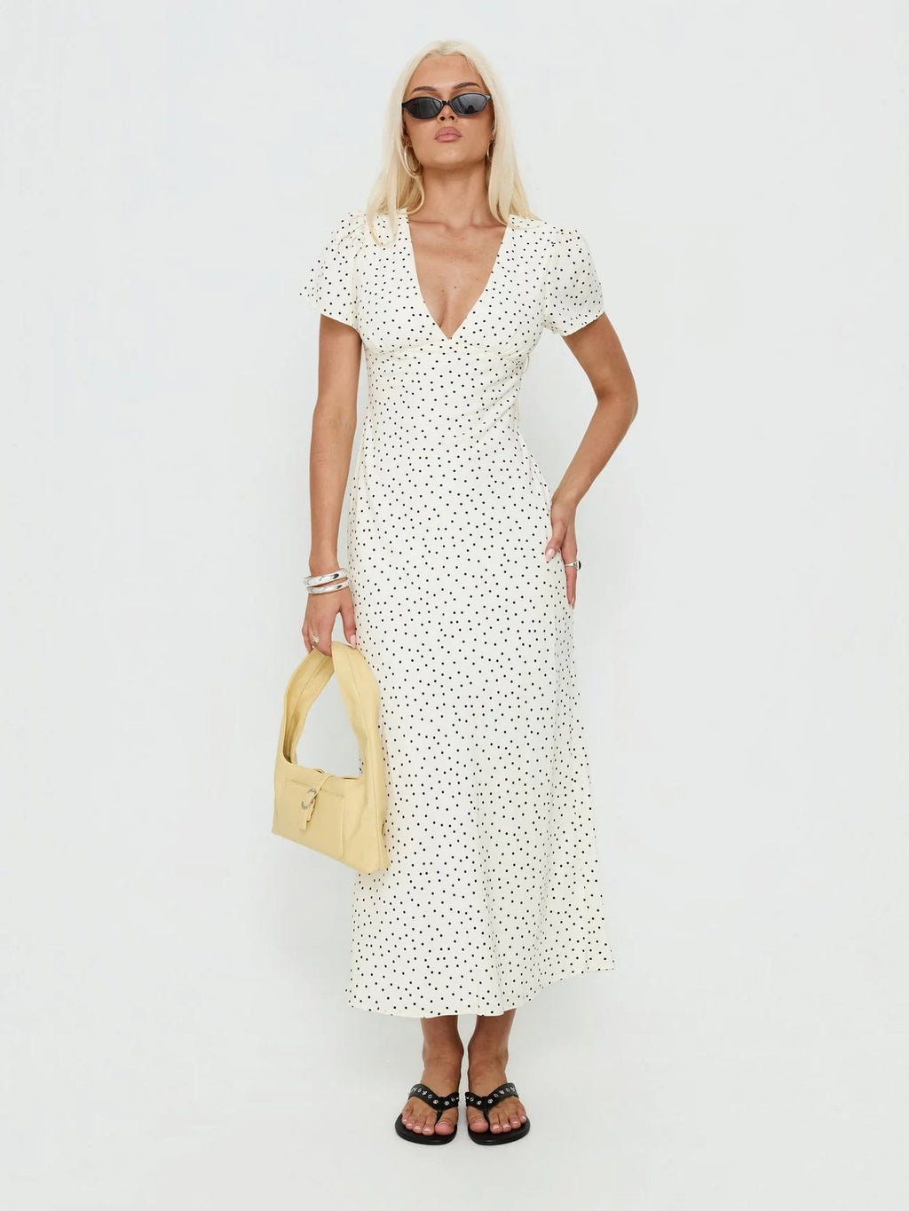White Polka Dot V Neck A-Line Maxi Structured Woven Fabric Formal Dress for Formal Gathering