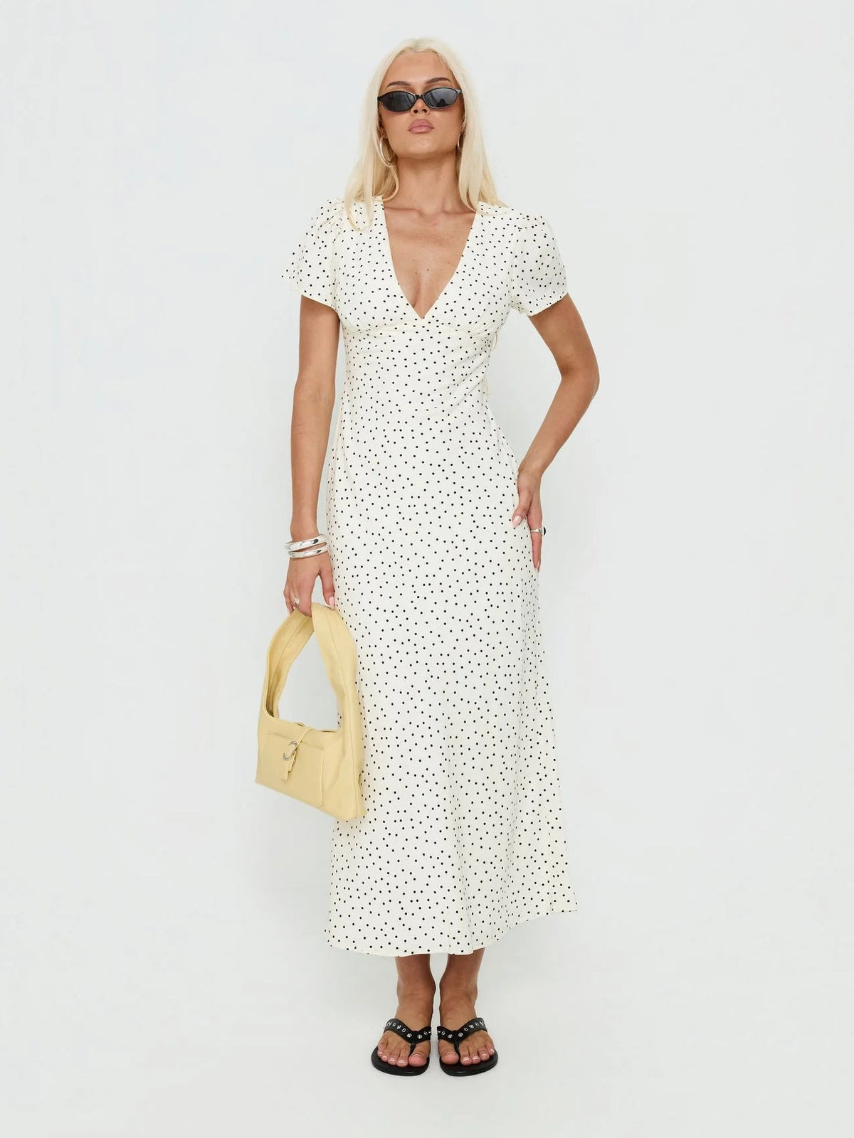 White Polka Dot V Neck A-Line Maxi Structured Woven Fabric Formal Dress for Formal Gathering
