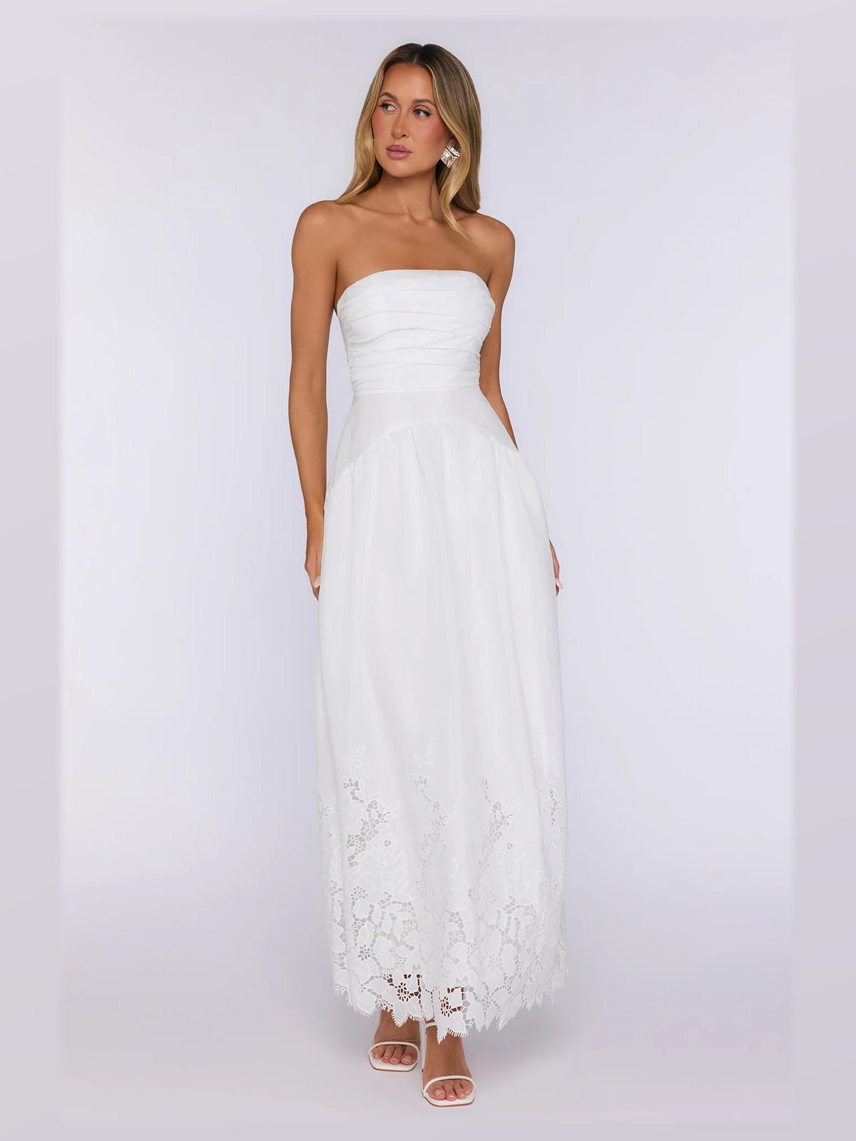 White Strapless A-Line Maxi Structured Woven Fabric Formal Dress for Hotel Gala