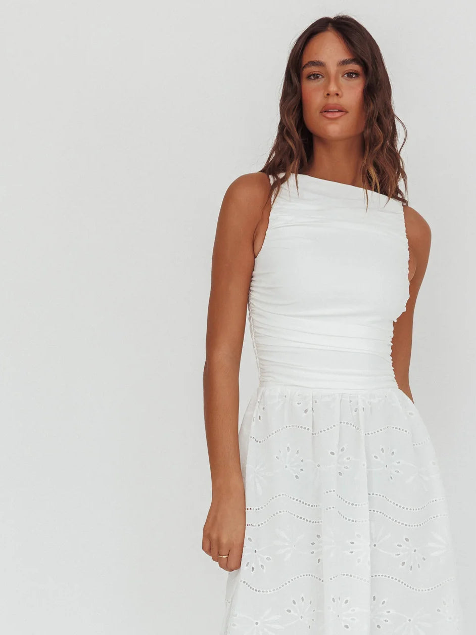 White Sleeveless A-Line Maxi Structured Woven Fabric Formal Dress for Autumn Reception