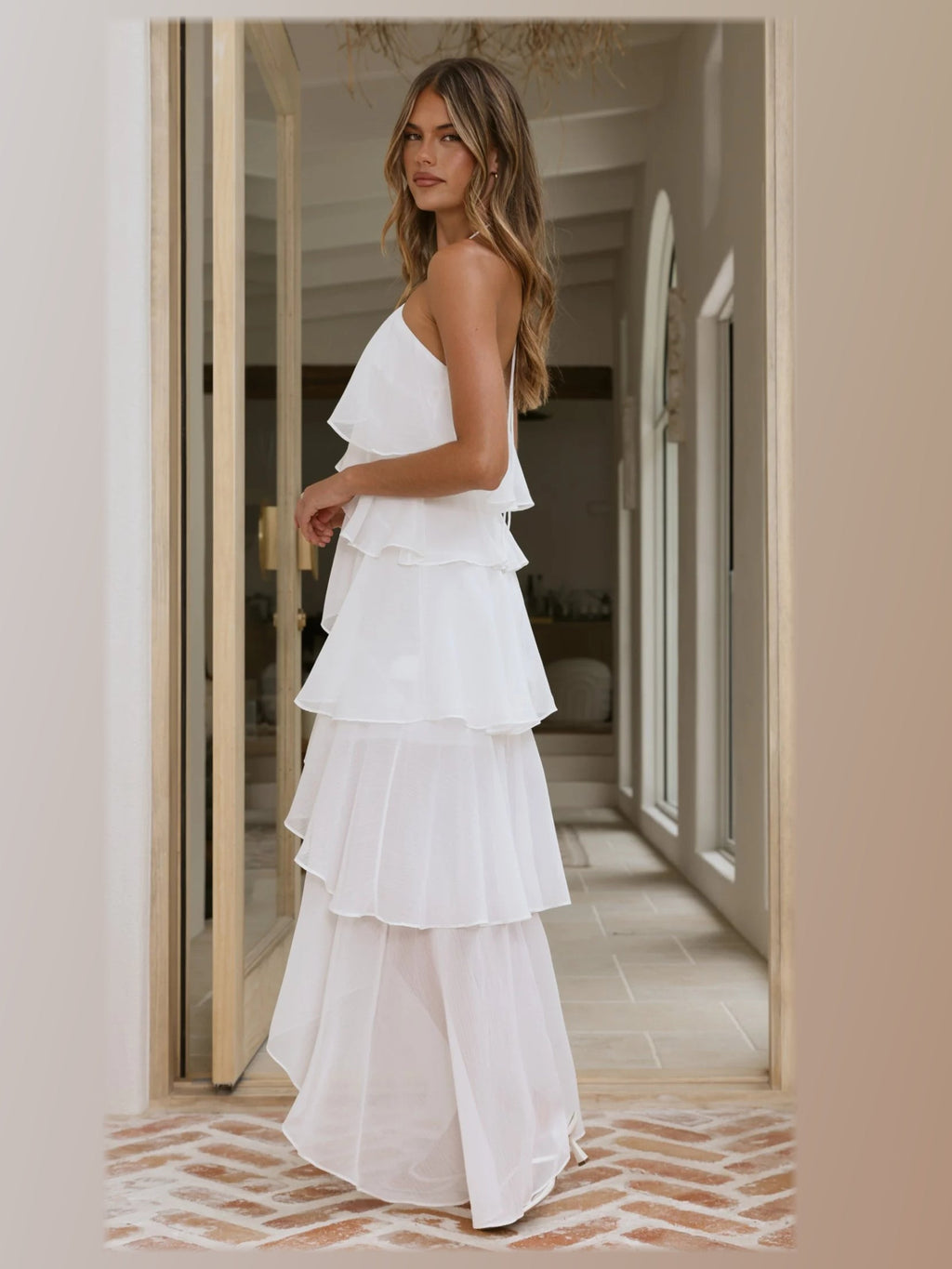 White A-Line Maxi Structured Woven Fabric Formal Dress for Dinner Party