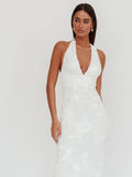 White Backless Halter Neck A-Line Maxi Structured Woven Fabric Formal Dress for Dinner Reception