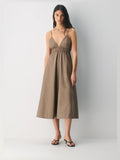 Taupe A-Line Maxi Structured Woven Fabric Formal Dress for Wedding Weekend