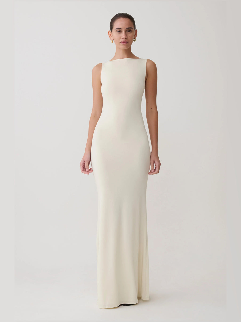 Bone Sleeveless A-Line Maxi Structured Woven Fabric Formal Dress for Red Carpet Event