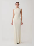 Bone Sleeveless A-Line Maxi Structured Woven Fabric Formal Dress for Red Carpet Event