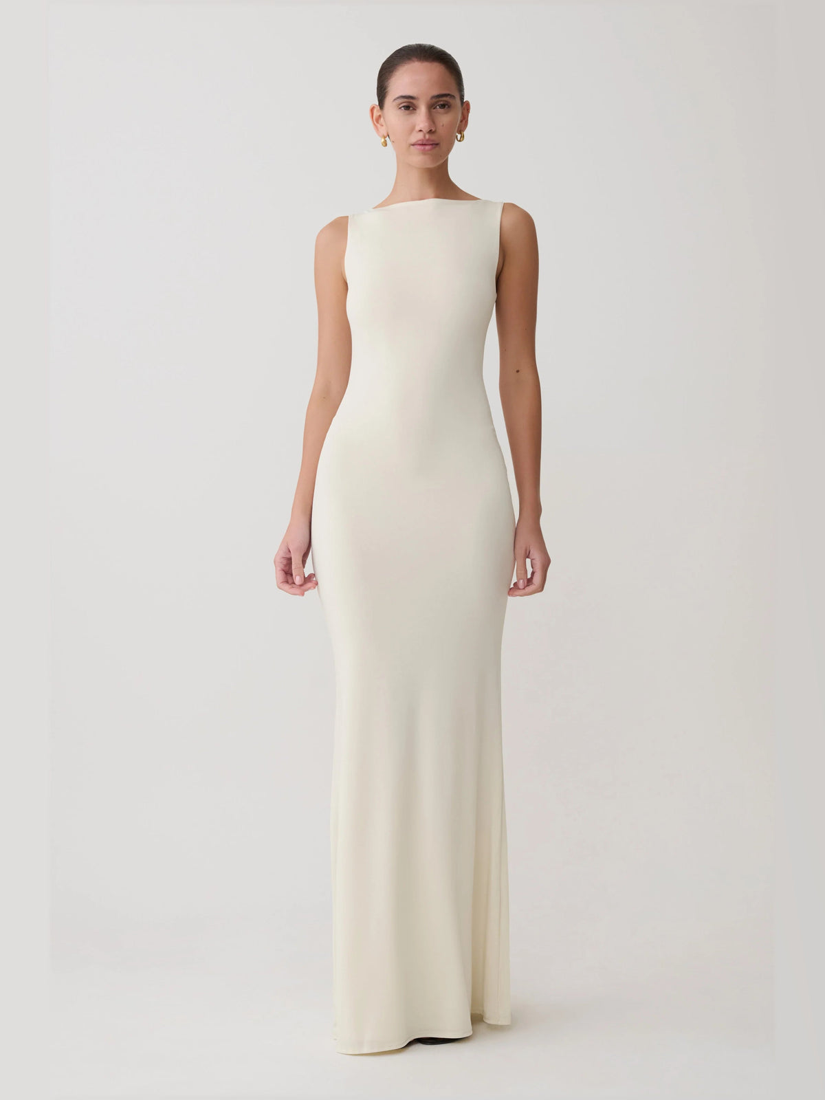 Bone Sleeveless A-Line Maxi Structured Woven Fabric Formal Dress for Red Carpet Event