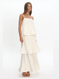Ivory Layered A-Line Maxi Structured Woven Fabric Formal Dress for Summer Gala