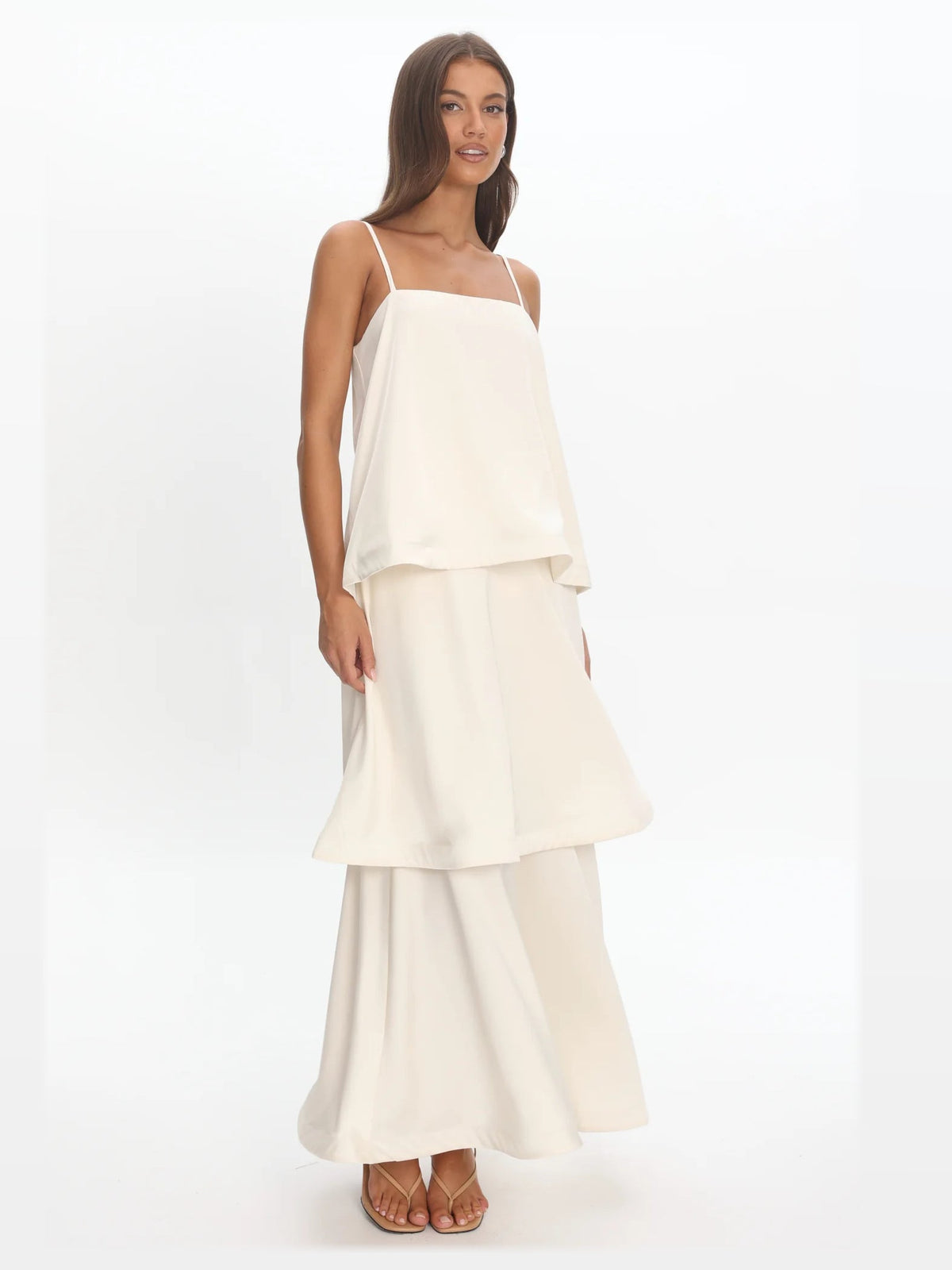 Ivory Layered A-Line Maxi Structured Woven Fabric Formal Dress for Summer Gala