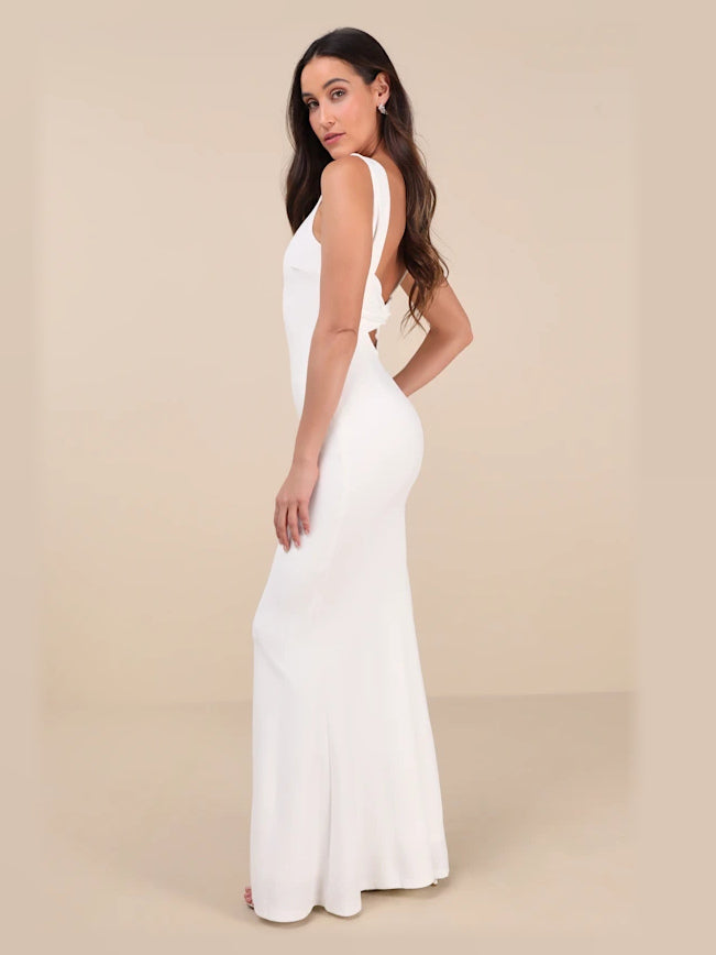 Ivory Mermaid Maxi Structured Woven Fabric Formal Dress for Dinner Event