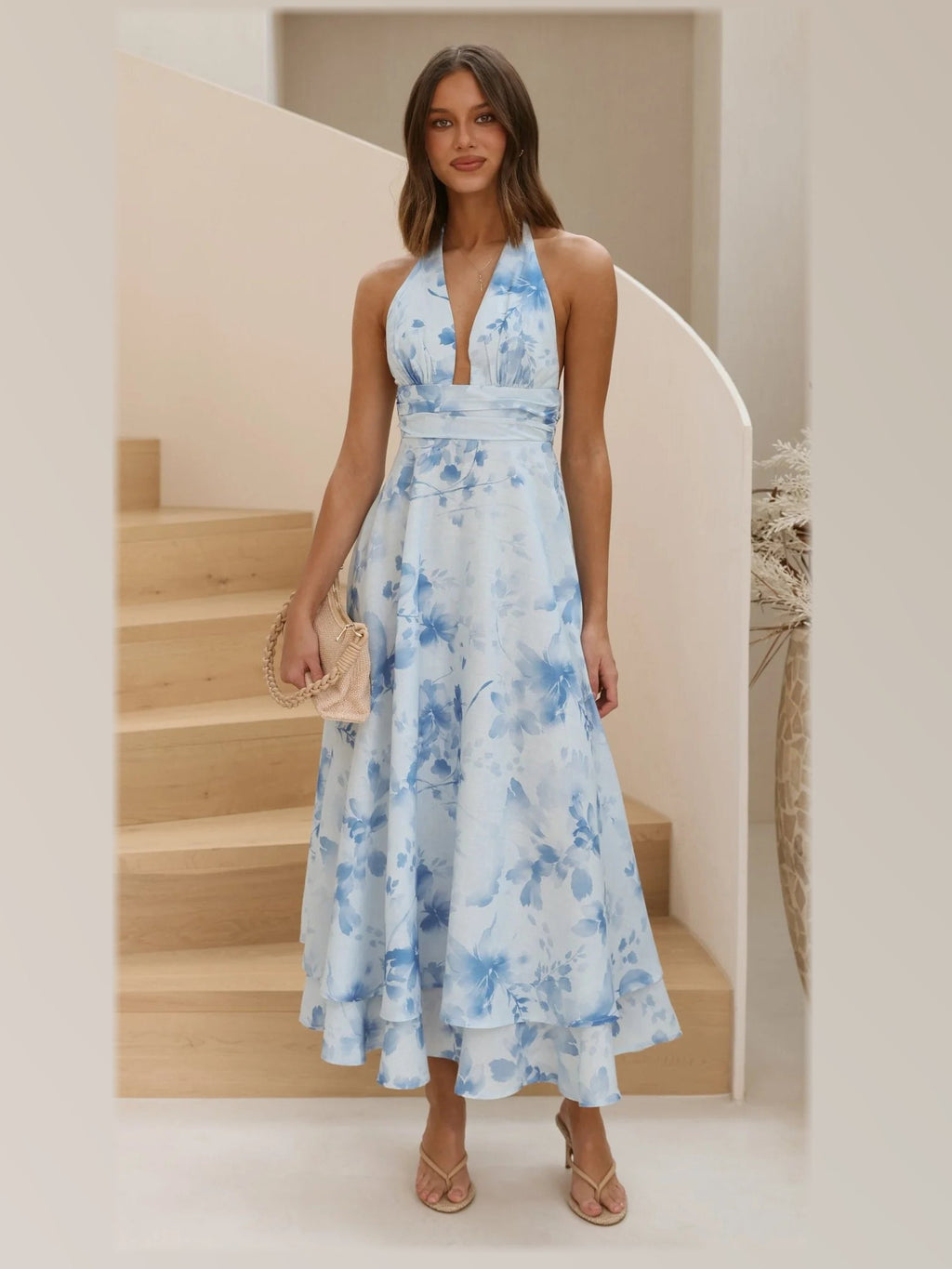 Ivory Floral Halter Neck A-Line Maxi Structured Woven Fabric Formal Dress for Celebration Night