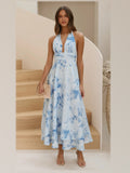 Ivory Floral Halter Neck A-Line Maxi Structured Woven Fabric Formal Dress for Celebration Night