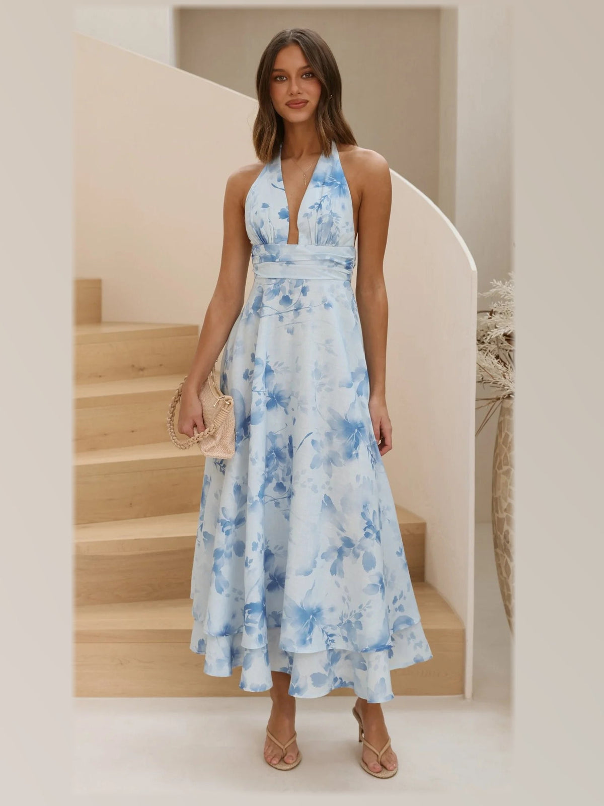 Ivory Floral Halter Neck A-Line Maxi Structured Woven Fabric Formal Dress for Celebration Night
