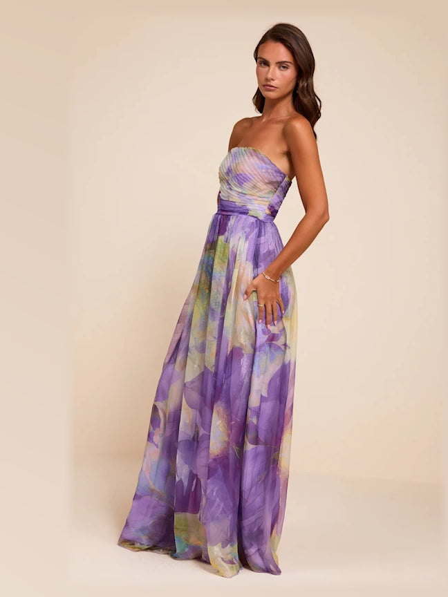 Purple Multi Floral Floral Strapless A-Line Maxi Structured Woven Fabric Formal Dress for Awards Dinner