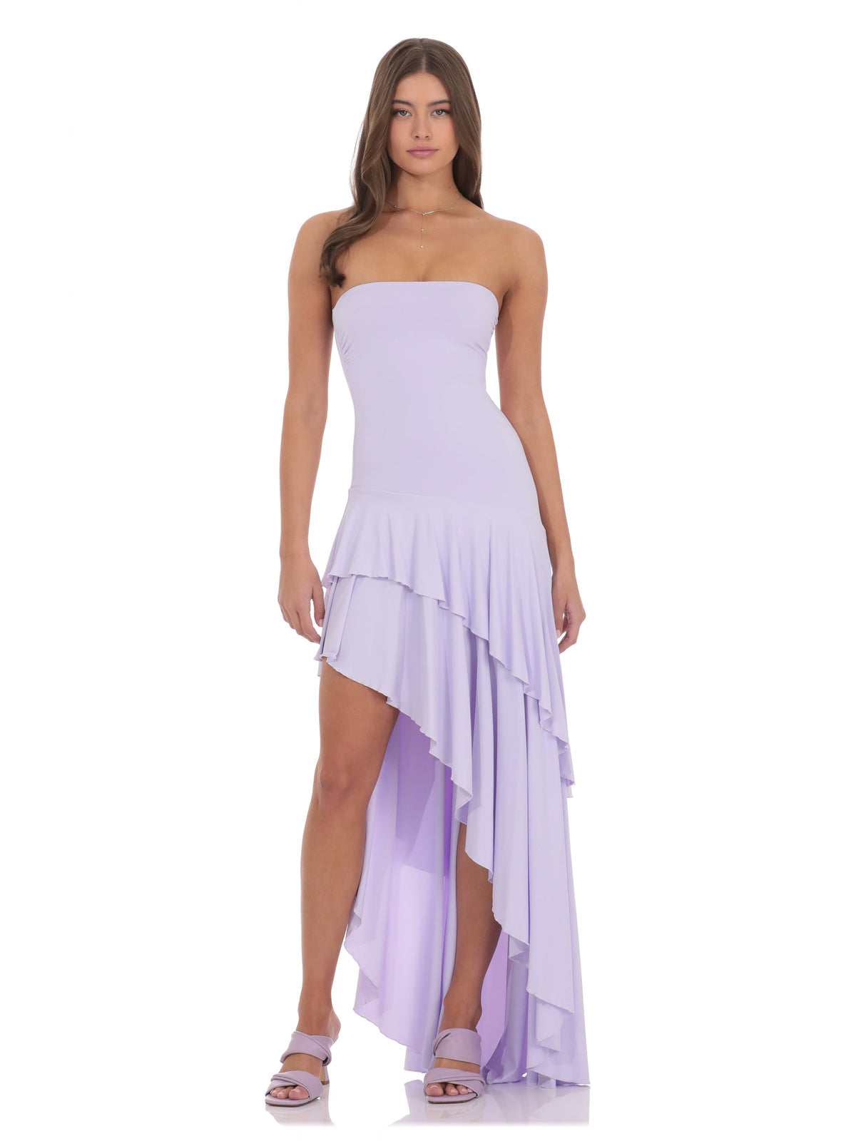 Ruffled Strapless Asymmetrical Maxi Structured Woven Fabric Bridesmaid Dress for Garden Wedding