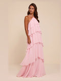 Light Pink Tiered A-Line Maxi Structured Woven Fabric Formal Dress for Homecoming
