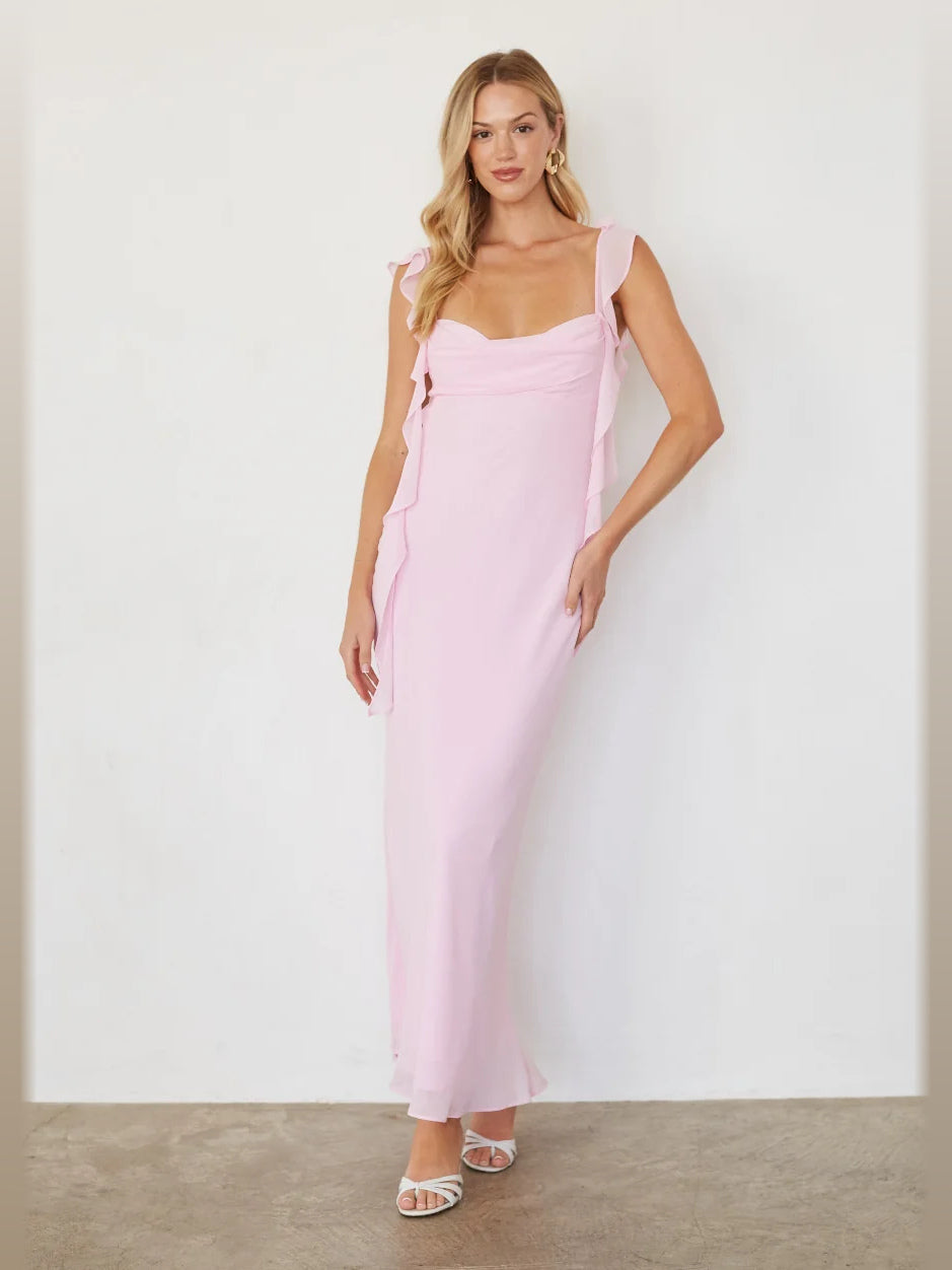 Butter Yellow Ruffled A-Line Maxi Structured Woven Fabric Formal Dress for Holiday Party