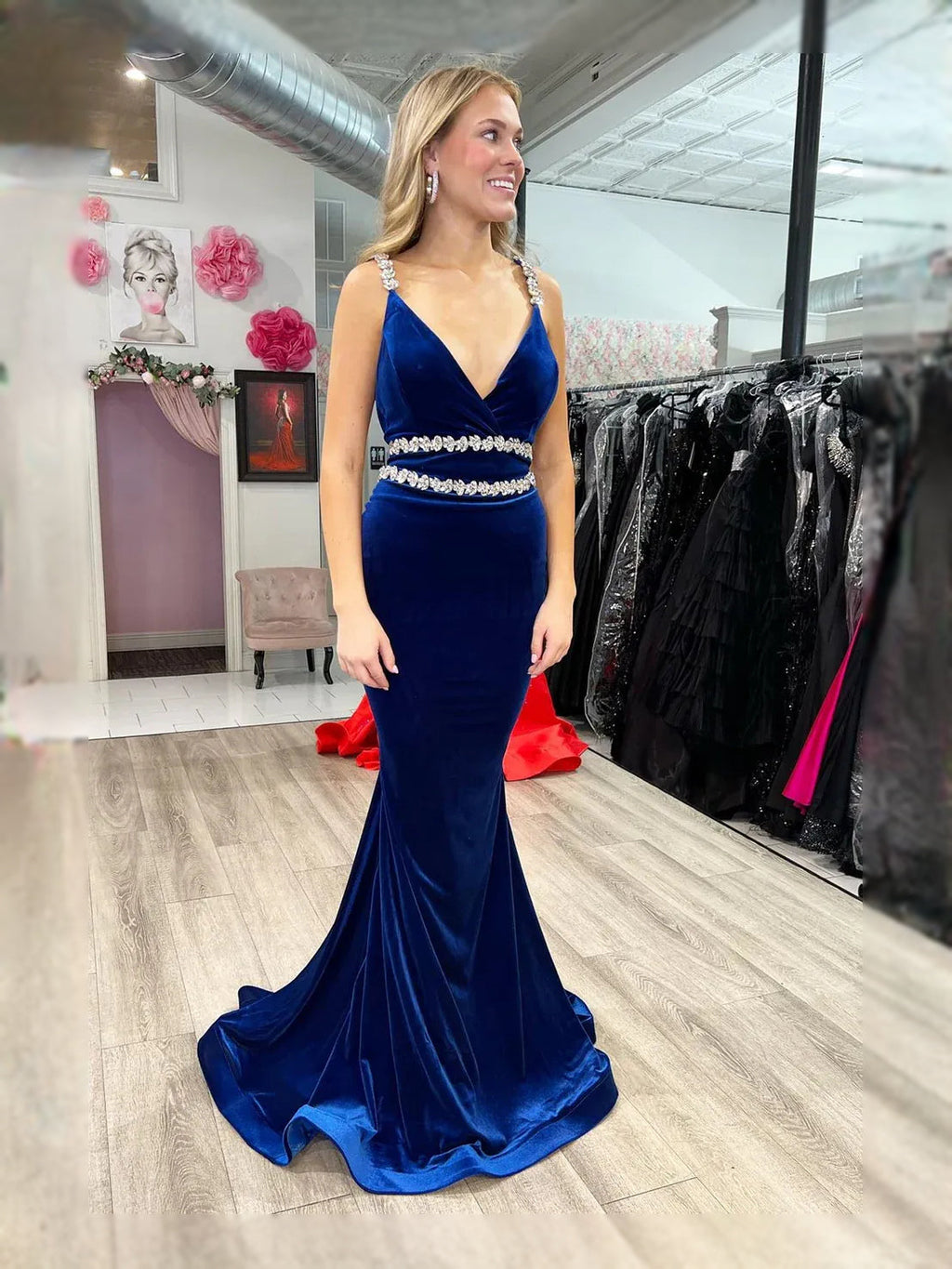 Royal Blue Ruched Draped Backless V Neck Mermaid Maxi Velvet Prom Dress for Hotel Gala