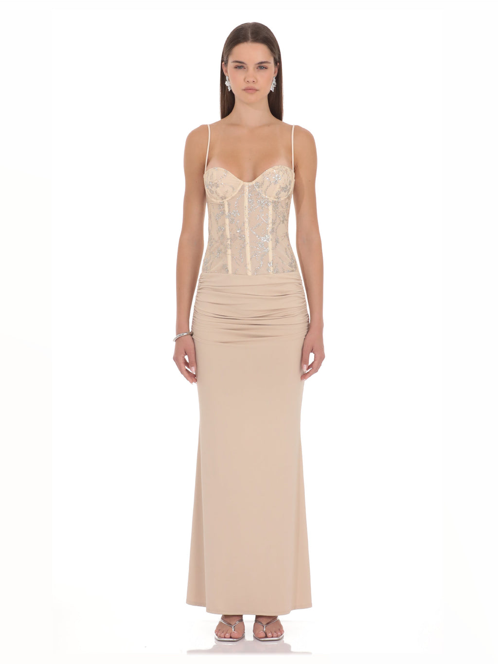 Champagne Corset A-Line Maxi Structured Woven Fabric Bridesmaid Dress for Wedding Reception