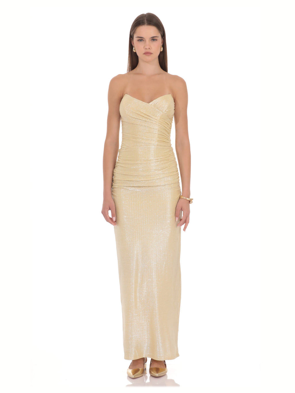 Champagne Ruched A-Line Maxi Structured Woven Fabric Bridesmaid Dress for Garden Wedding