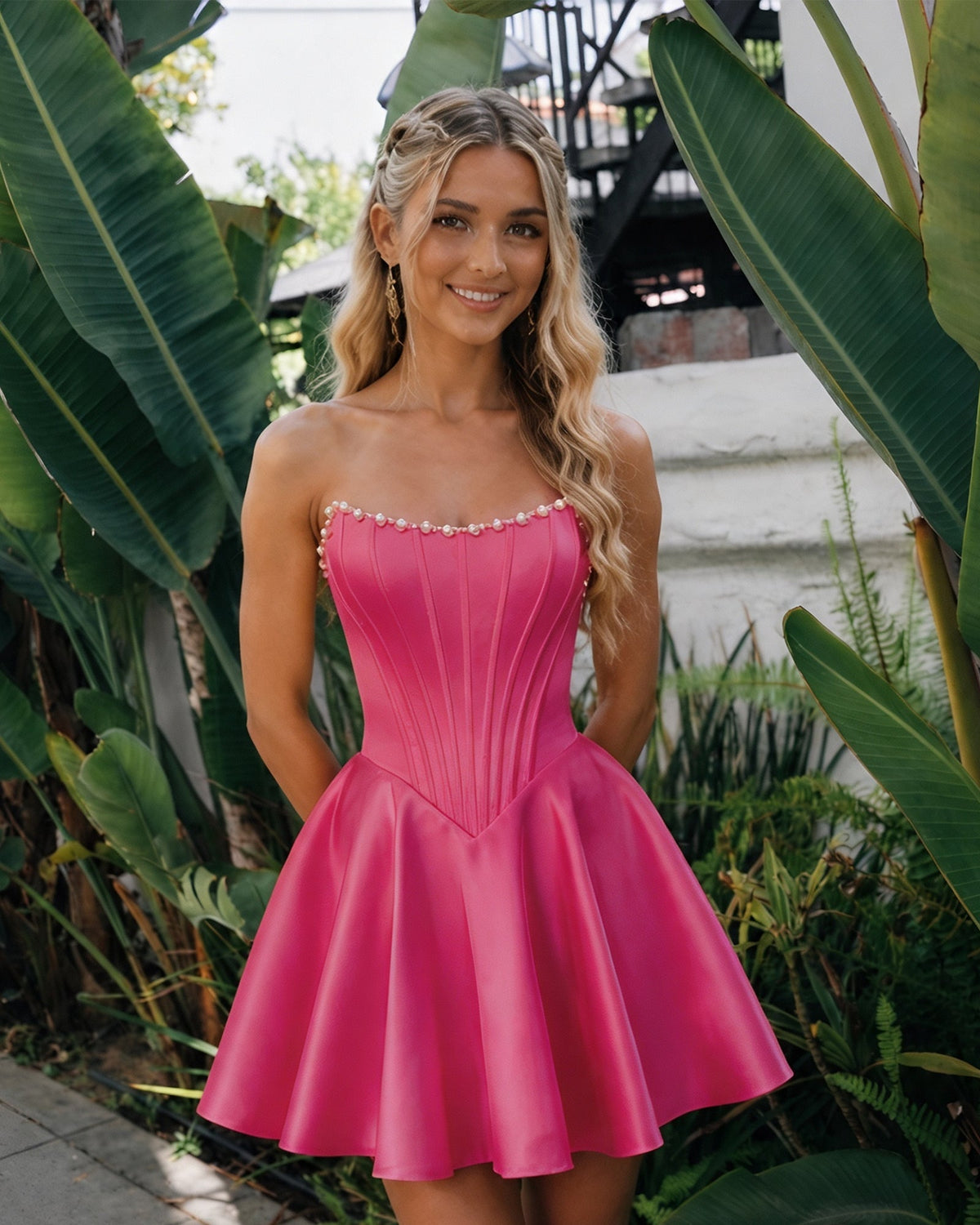 Strapless Pearl Trim Satin Corset Homecoming Dress