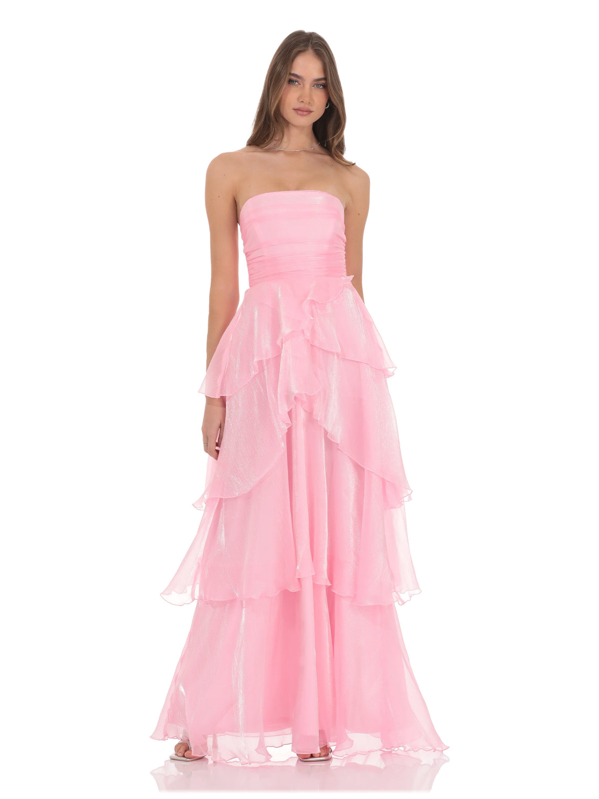 Corset Ruffled Strapless A-Line Maxi Structured Woven Fabric Bridesmaid Dress for Church Wedding