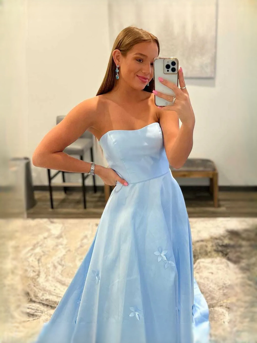 Sky Blue Corset Flower-Applique Floral Sweetheart A-Line Floor-Length Satin Prom Dress for Prom Night