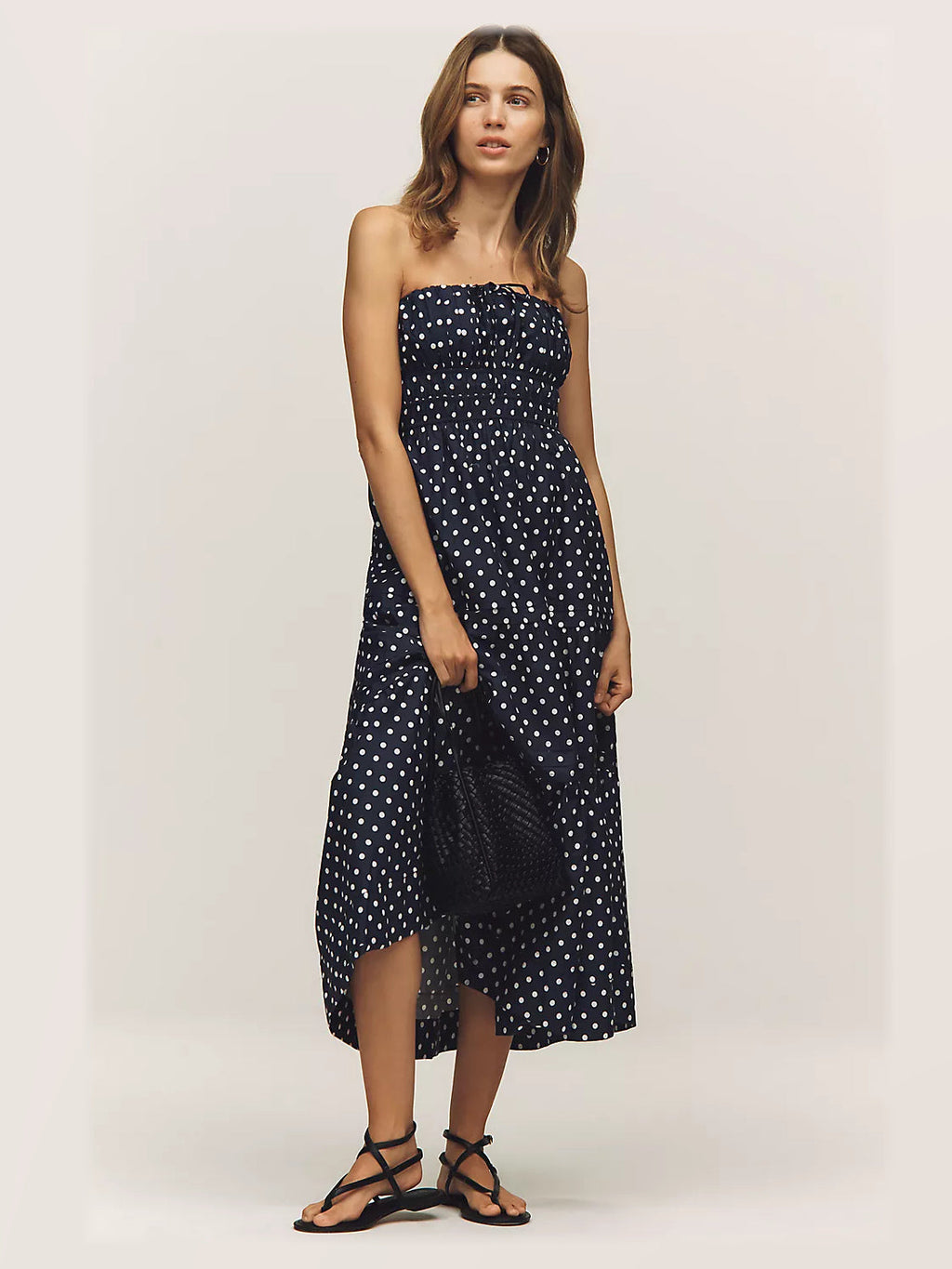 Navy Polka Dot Strapless A-Line Maxi Structured Woven Fabric Formal Dress for Engagement Dinner