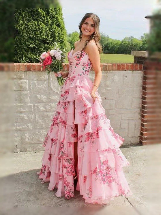 Hot Pink Corset Tiered Floral Ruffled Slit Sweetheart Ball-Gown Floor-Length Satin Prom Dress for Celebration Dinner