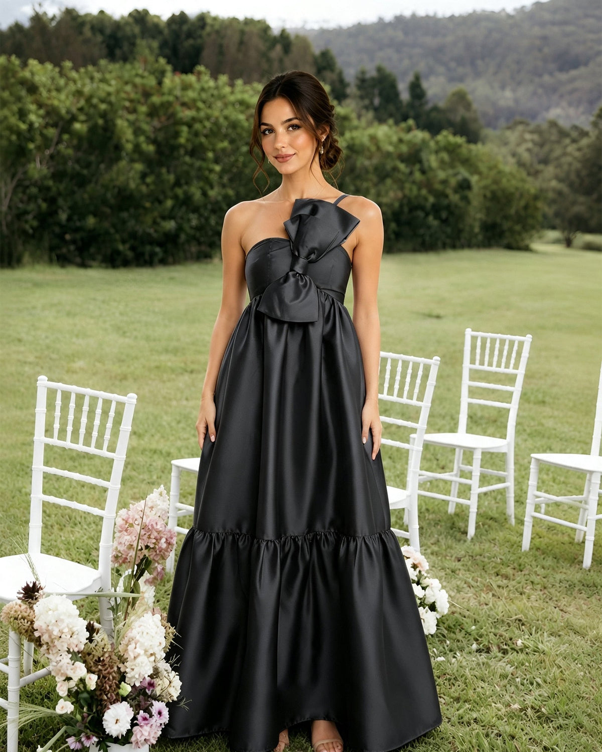 One-Shoulder Satin A-Line Bridesmaid Dress with Statement Ruffle