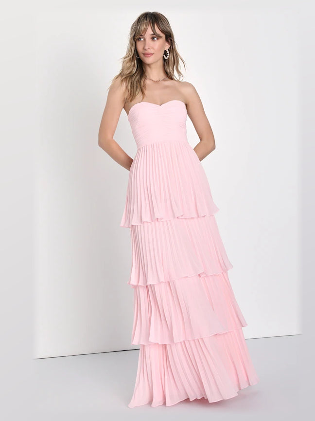 Light Pink Tiered Strapless A-Line Maxi Structured Woven Fabric Formal Dress for Formal Luncheon