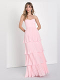 Light Pink Tiered Strapless A-Line Maxi Structured Woven Fabric Formal Dress for Formal Luncheon