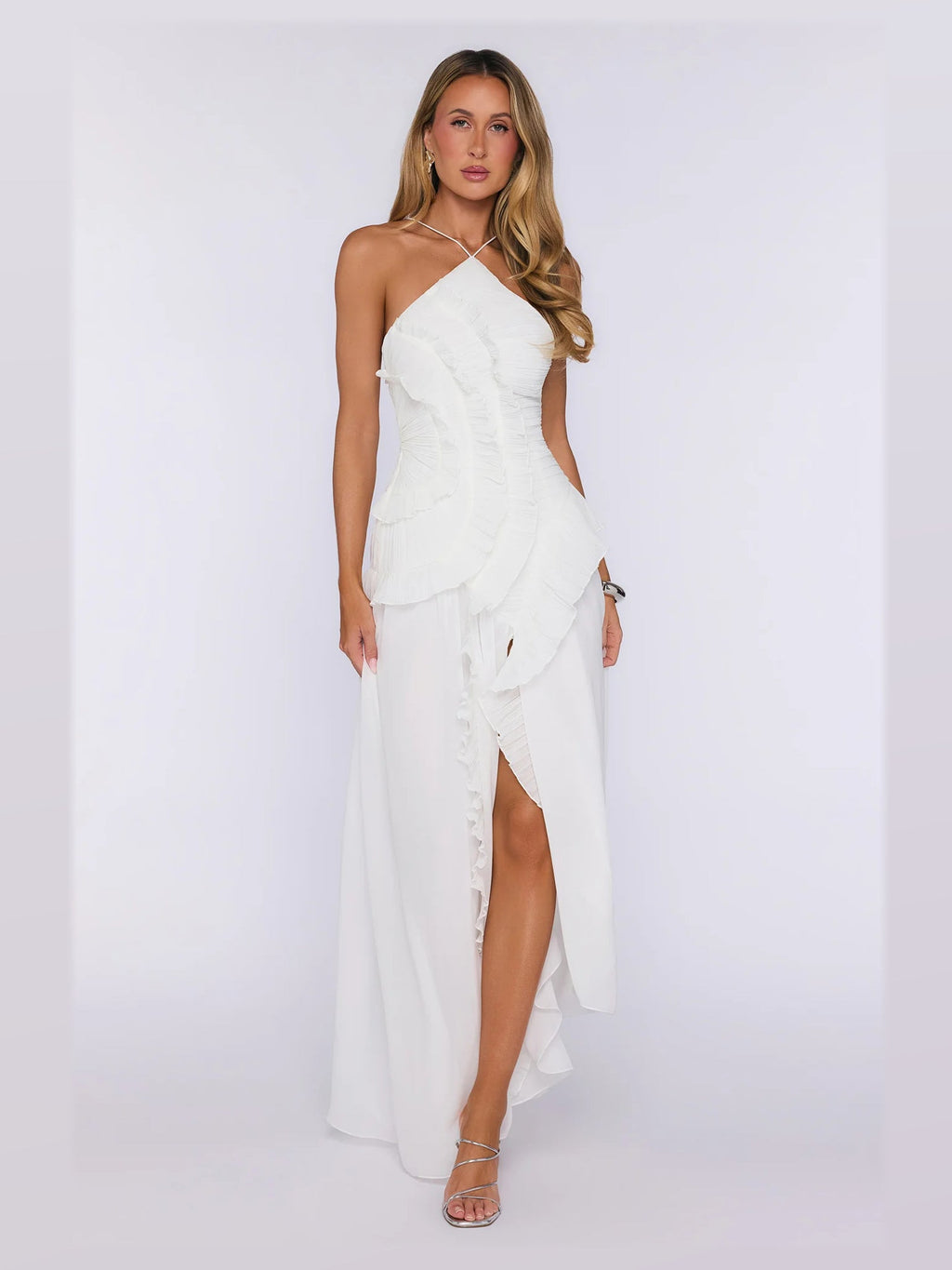 Peach A-Line Maxi Structured Woven Fabric Formal Dress for Resort Dinner
