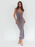 Taupe Ruched Halter Neck A-Line Maxi Structured Woven Fabric Formal Dress for Formal Ceremony