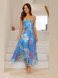 Teal Floral A-Line Maxi Structured Woven Fabric Formal Dress for Wedding Celebration