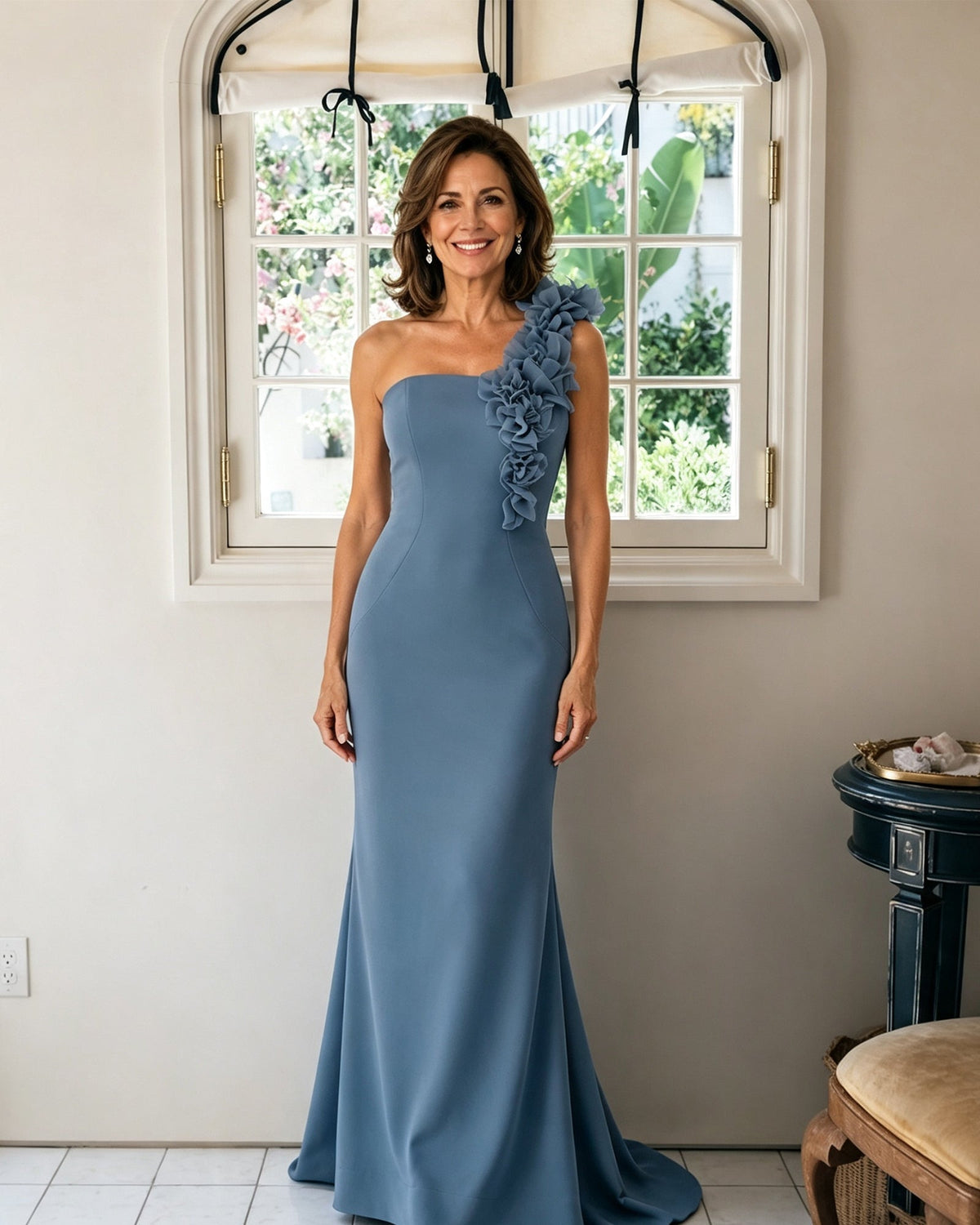 One-Shoulder Floral Applique Mermaid Mother of the Bride Dress