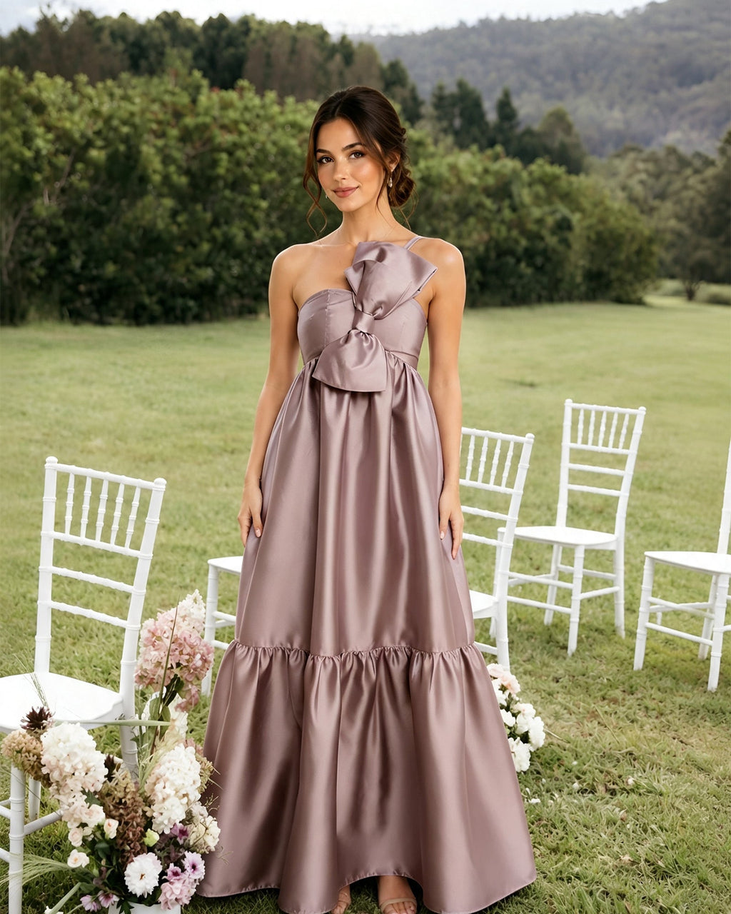 One-Shoulder Satin A-Line Bridesmaid Dress with Statement Ruffle
