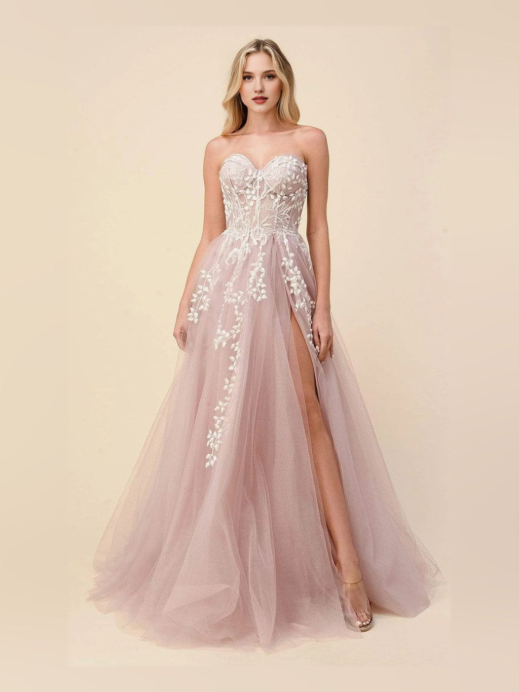 Corset Floral Slit Sweetheart A-Line Floor-Length Tulle Prom Dress for Formal Party