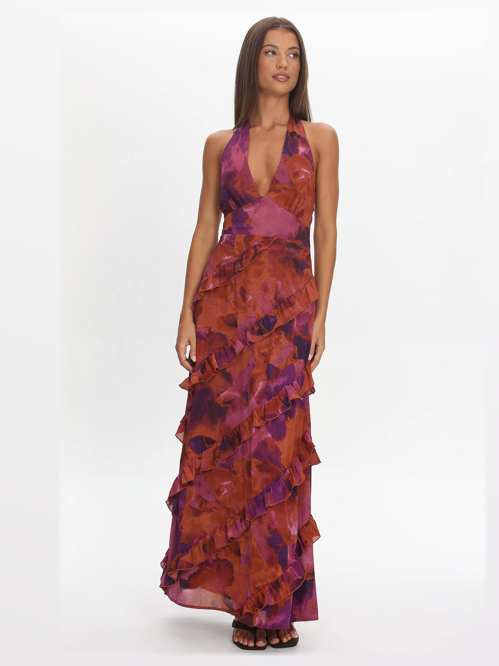 Rose Halter Neck A-Line Maxi Structured Woven Fabric Formal Dress for Dinner Reception