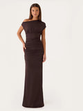 Chocolate A-Line Maxi Structured Woven Fabric Formal Dress for Formal Luncheon