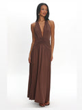 Chocolate Ruched Halter Neck A-Line Maxi Structured Woven Fabric Formal Dress for Club Formal