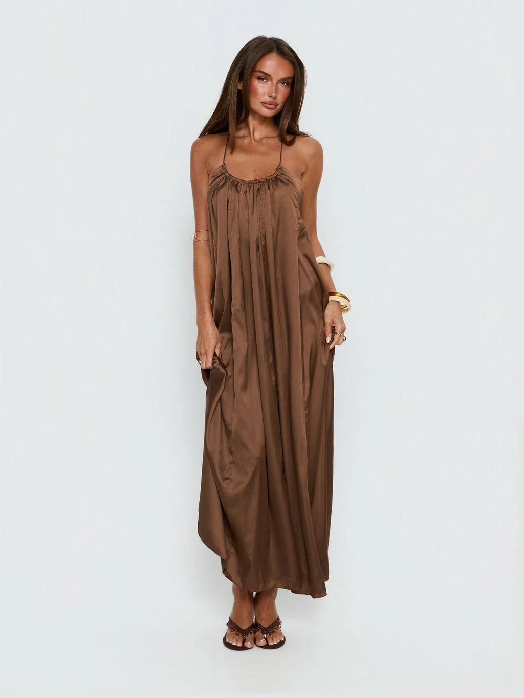 Chocolate A-Line Maxi Structured Woven Fabric Formal Dress for Benefit Dinner