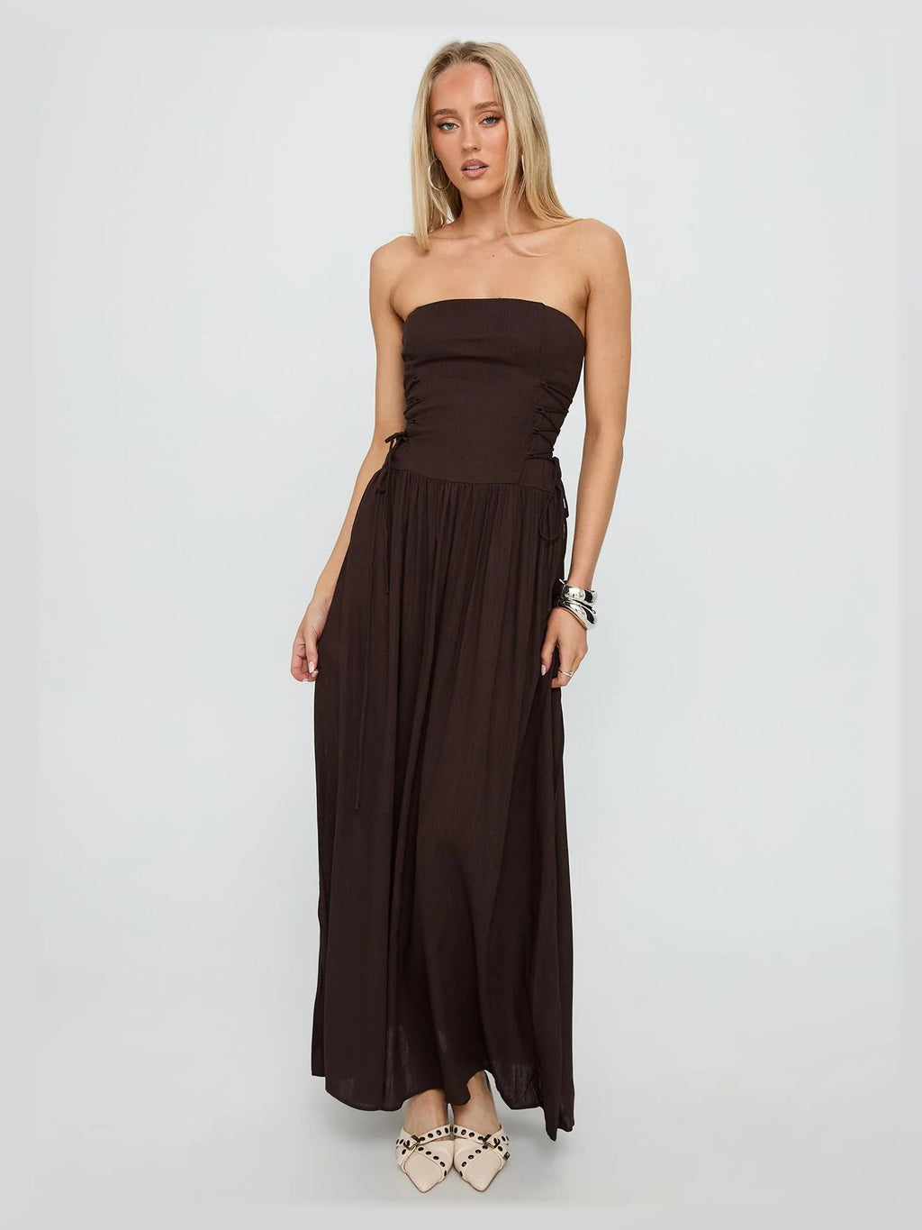 Chocolate A-Line Maxi Structured Woven Fabric Formal Dress for Dinner Party